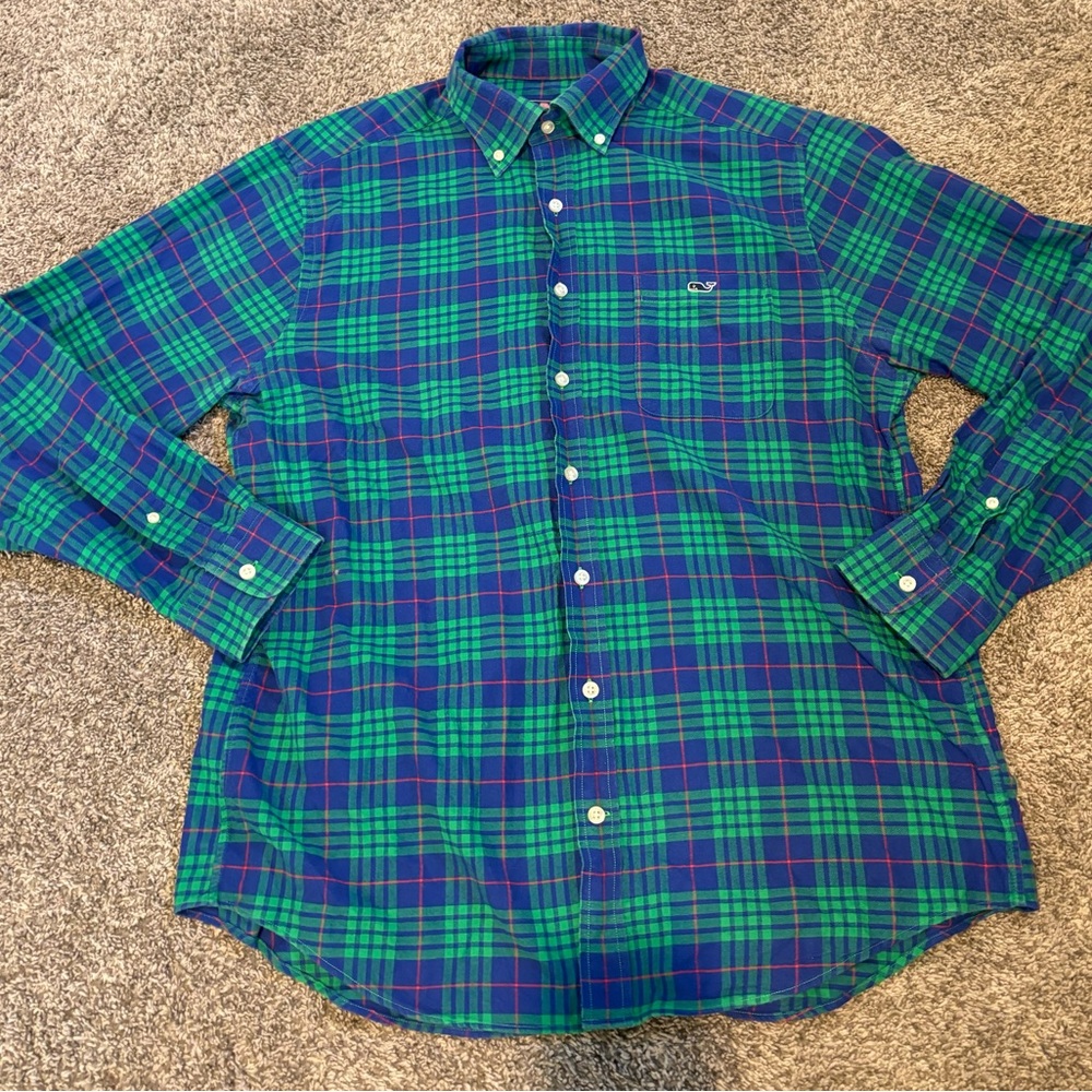 Vineyard Vines Slim Fit Whale Flannel Shirt Men's Large‎ Blue Green Plaid Cotton